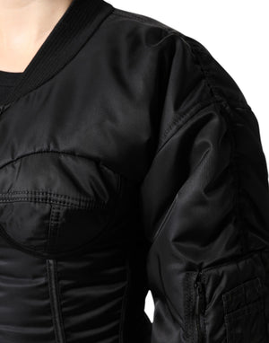 Dolce & Gabbana Schwarzes Nylon Full Zip Bustier Korsett Jacke