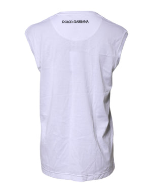 Dolce & Gabbana Weißes ärmelloses bedrucktes Tank-T-Shirt aus Baumwolle