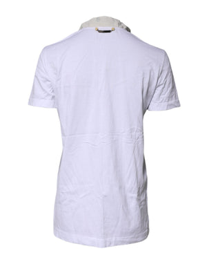 Dolce & Gabbana Weißes T-Shirt mit Ascot-Kragen aus Baumwoll-Seidenmischung