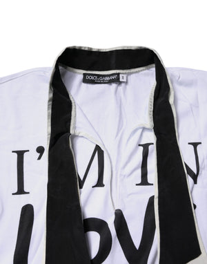 Dolce & Gabbana Weißes T-Shirt mit Ascot-Kragen aus Baumwoll-Seidenmischung