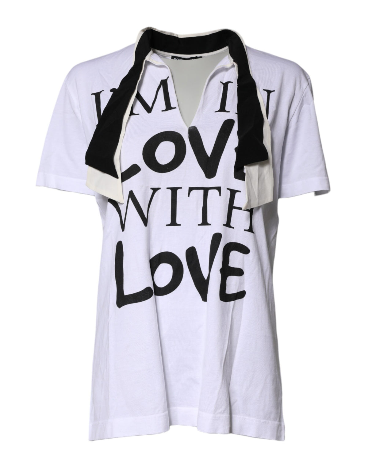 Dolce & Gabbana Weißes T-Shirt mit Ascot-Kragen aus Baumwoll-Seidenmischung