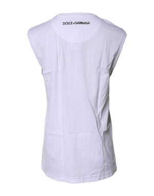 Dolce & Gabbana Weißes ärmelloses bedrucktes Tank-T-Shirt aus Baumwolle