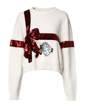 Dolce & Gabbana Weißer paillettenbesetzter Pullover mit Rundhalsausschnitt