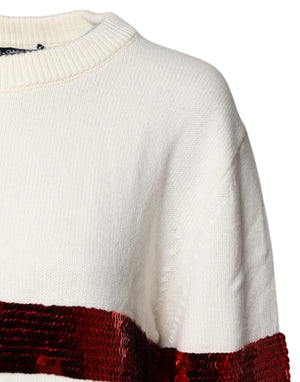 Dolce & Gabbana Weißer paillettenbesetzter Pullover mit Rundhalsausschnitt