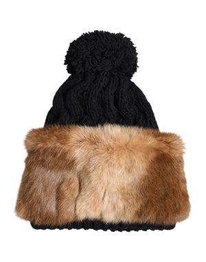 Dolce & Gabbana Schwarz Braun Gefärbt Kaninchen Echtpelz Winter Beanie Mütze