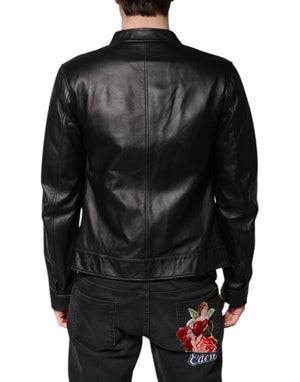 Dolce & Gabbana Schwarzes Schaf Leder Biker Full Zip Jacke