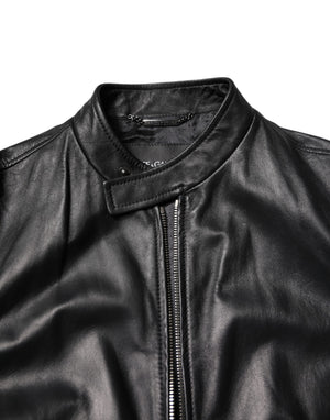 Dolce & Gabbana Schwarzes Schaf Leder Biker Full Zip Jacke