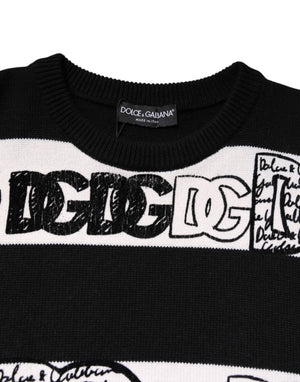 Dolce & Gabbana Schwarzer weißer Wollpullover mit Logodruck