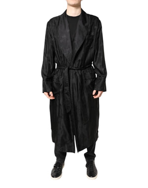 Dolce & Gabbana Schwarze Seide DG Logo Herren Wickelmantel Jacke