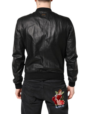 Dolce & Gabbana Schwarze Lammfell Leder Bikerjacke mit Reißverschluss