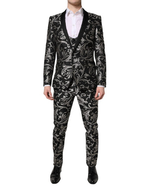 Dolce & Gabbana Schwarz Grau MARTINI Jacquard Herren 3 Stück Anzug