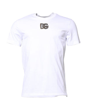 Dolce & Gabbana Weißes T-Shirt mit Rundhalsausschnitt und DG-Stickerei aus Baumwolle