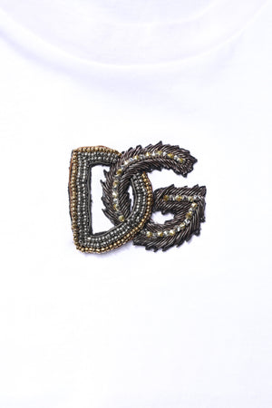 Dolce & Gabbana Weißes T-Shirt mit Rundhalsausschnitt und DG-Stickerei aus Baumwolle