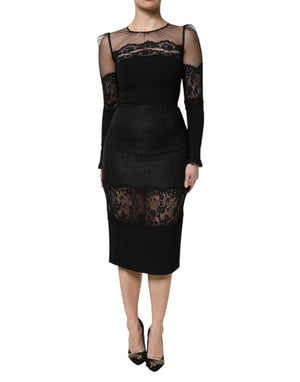 Dolce & Gabbana Schwarzes Midikleid mit Spitzenbesatz aus Nylon und Tüll
