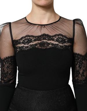 Dolce & Gabbana Schwarzes Midikleid mit Spitzenbesatz aus Nylon und Tüll