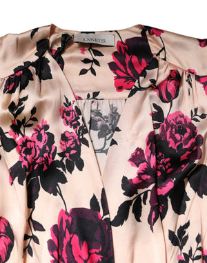 Laneus Rosa geblümtes Seiden-Minikleid mit langen Ärmeln und V-Ausschnitt zum Wickeln