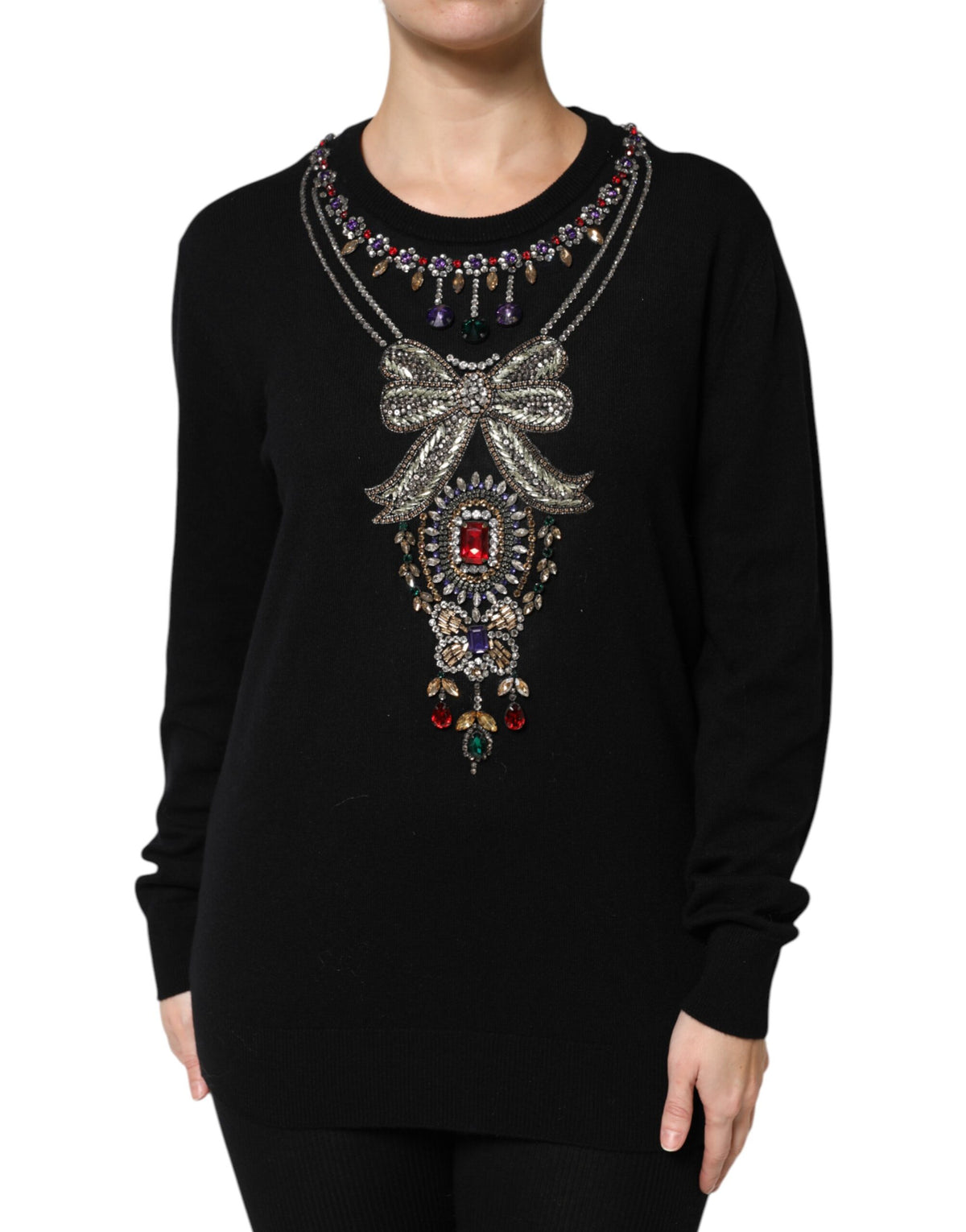 Dolce & Gabbana Schwarzer Pullover aus Kaschmir mit Kristallverzierung