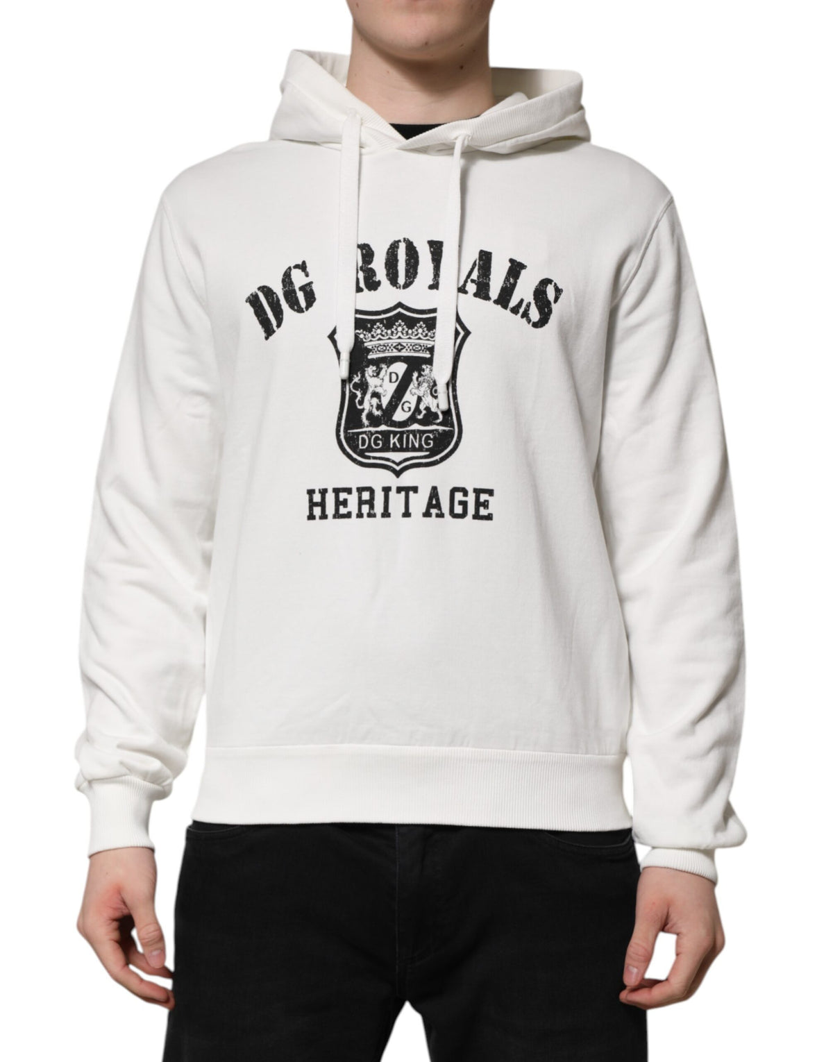 Dolce & Gabbana Weißer Kapuzenpullover aus Baumwolle DG ROYAL Print