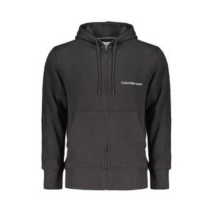Black Cotton Men Sweater with Hood and Central Pockets