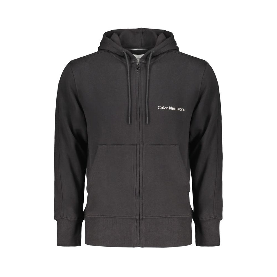 Black Cotton Men Sweater with Hood and Central Pockets