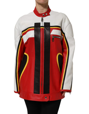 Dolce & Gabbana Multicolor Leder Biker Mantel Jacke mit Reißverschluss