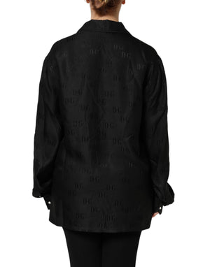 Dolce & Gabbana Schwarzes Seiden-DG besticktes langärmeliges Top