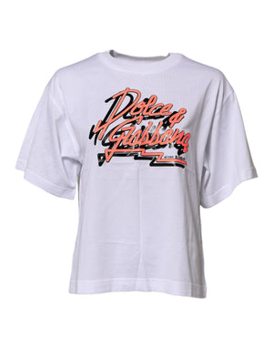 Dolce & Gabbana Weißes T-Shirt mit Rundhalsausschnitt und Grafikdruck aus Baumwolle