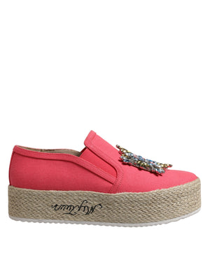 Twinset Rosa Canvas Kristall verschönert Slip On Schuhe