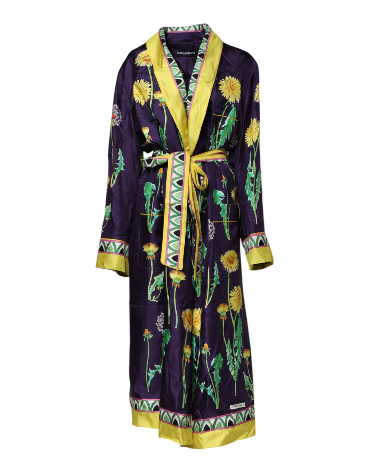 Dolce & Gabbana Blauer Seidenmantel mit Blumenmuster und langen Ärmeln zum Wickeln