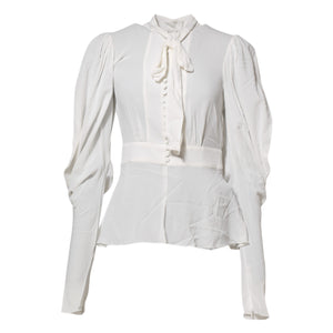 Dolce & Gabbana Weißes Viskose-Top mit Ascot-Kragen und langen Ärmeln