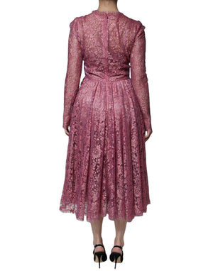 Dolce & Gabbana Rosa geblümtes langärmeliges Midikleid aus Spitze