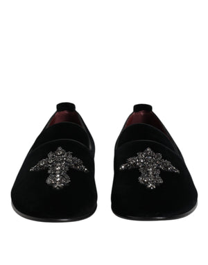 Dolce & Gabbana Schwarzer Samt verschönert Loafer Slip On Schuhe