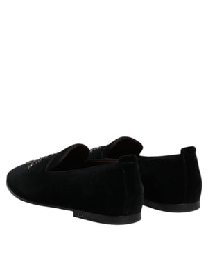 Dolce & Gabbana Schwarzer Samt verschönert Loafer Slip On Schuhe