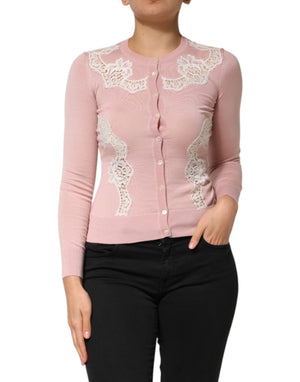 Dolce & Gabbana Rosa Strickjacke mit floralen Spitzenverzierungen