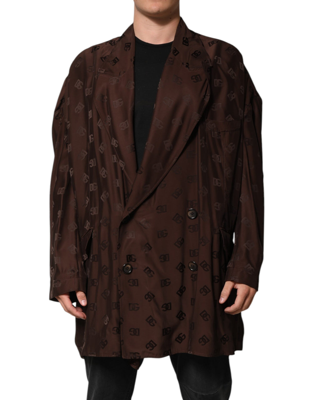 Dolce & Gabbana Brauner Polyester Logo Monogramm Mantel Jacke