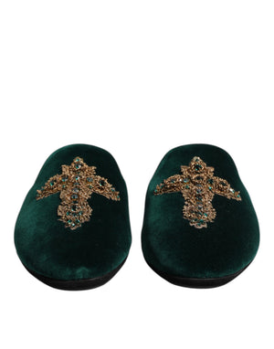 Dolce & Gabbana Grüner Samt Kreuz verschönert Pantoffeln Schuhe
