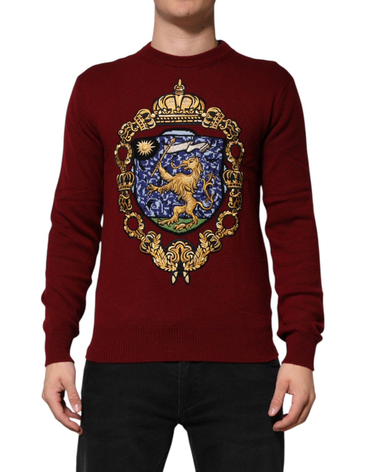 Dolce & Gabbana Burgunderfarbener Pullover aus Kaschmir mit Löwenwappen