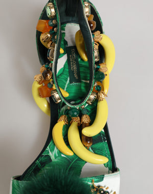 Dolce & Gabbana Grün Nerz Pelz Satin Bananenblatt Sandalen Schuhe
