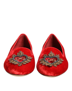 Dolce & Gabbana Rot Samt DG Herz Loafers Flats Schuhe