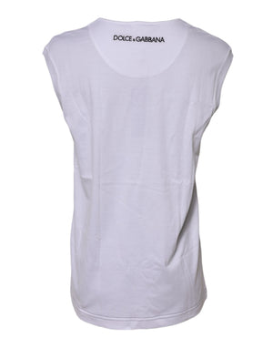Dolce & Gabbana Weißes ärmelloses bedrucktes Tank-T-Shirt aus Baumwolle
