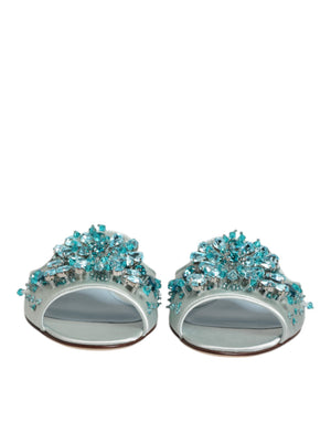 Dolce & Gabbana Silber blaue Leder Perlen verschönern Slide Schuhe