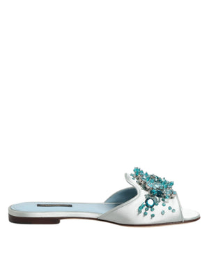 Dolce & Gabbana Silber blaue Leder Perlen verschönern Slide Schuhe
