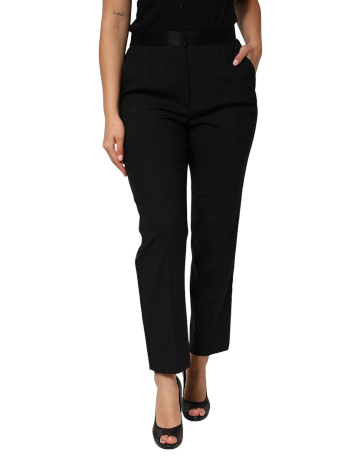 Dolce & Gabbana Schwarze hochtaillierte Hose aus Wolle