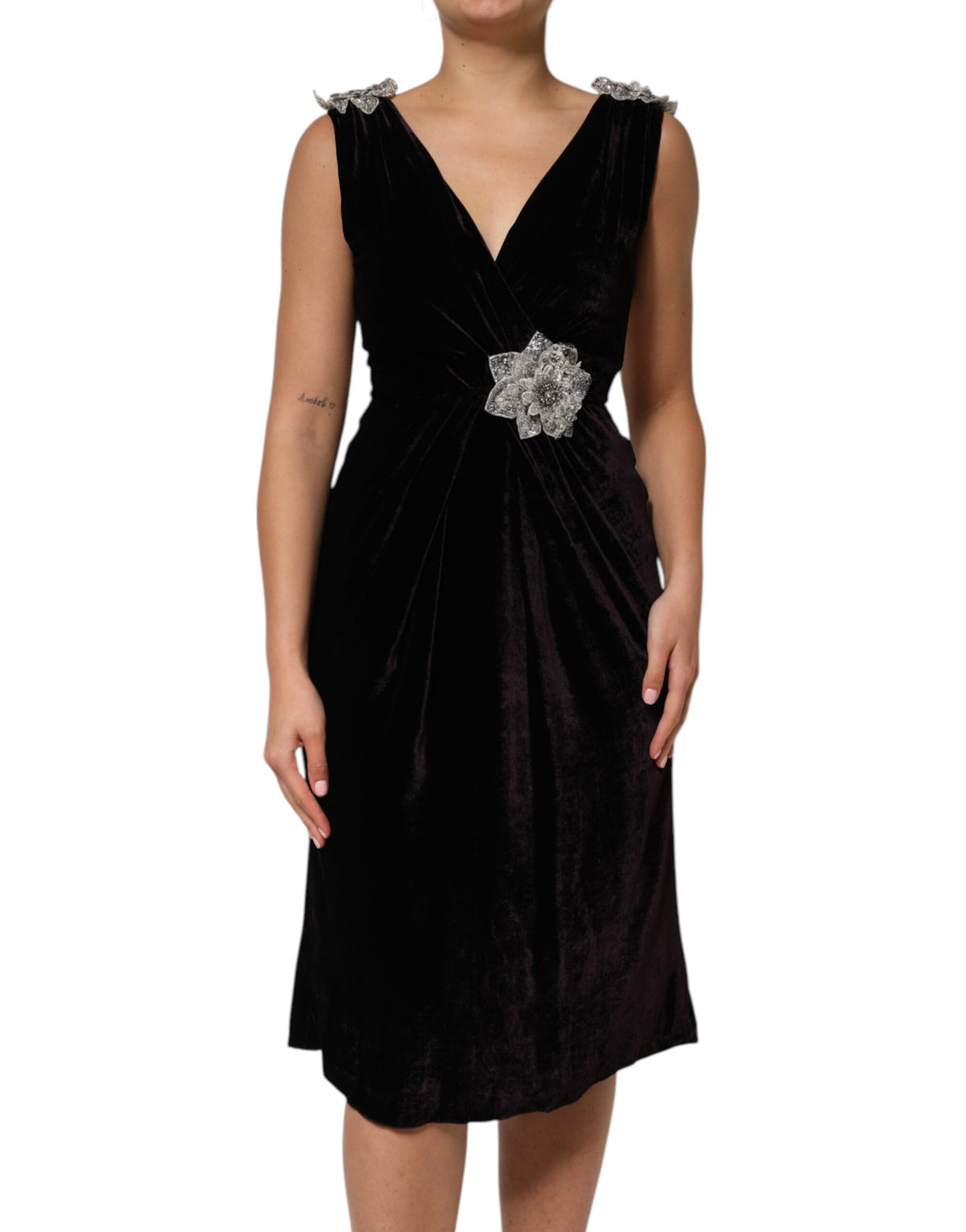 Dolce & Gabbana Schwarzes Samtkleid mit Blumenverzierung Aline