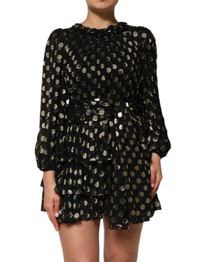 Dolce & Gabbana Schwarz-Gold gepunktetes Minikleid aus Seidenbrokat