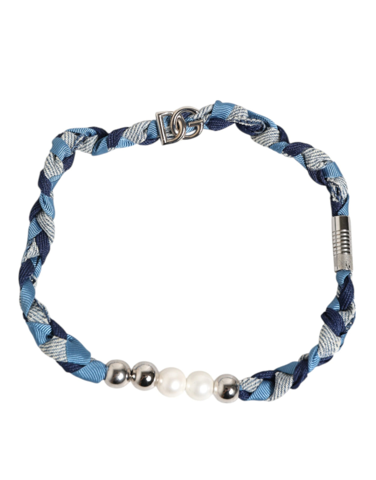 Dolce & Gabbana Blau Weiß Geflochtenes Silber Metall Logo Perlen Armband für Männer