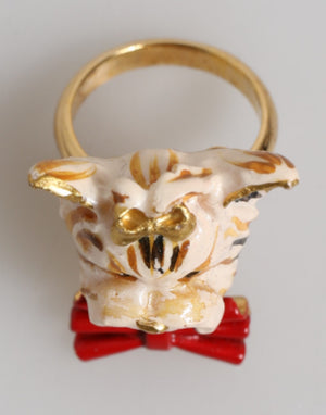 Dolce & Gabbana Gold Messing Harz Beige Hund Haustier Accessoire Ring