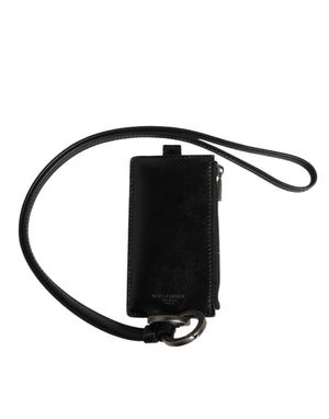 Dolce & Gabbana Schwarzes Leder mit Logo-Prägung Lanyard Kartenhalter Brieftasche
