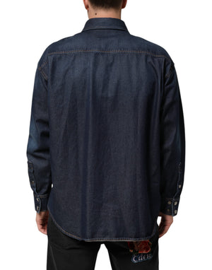 Dolce & Gabbana Blaues Denim Knopf lässig Logo Patch Männer Hemd