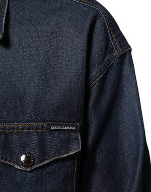 Dolce & Gabbana Blaues Denim Knopf lässig Logo Patch Männer Hemd